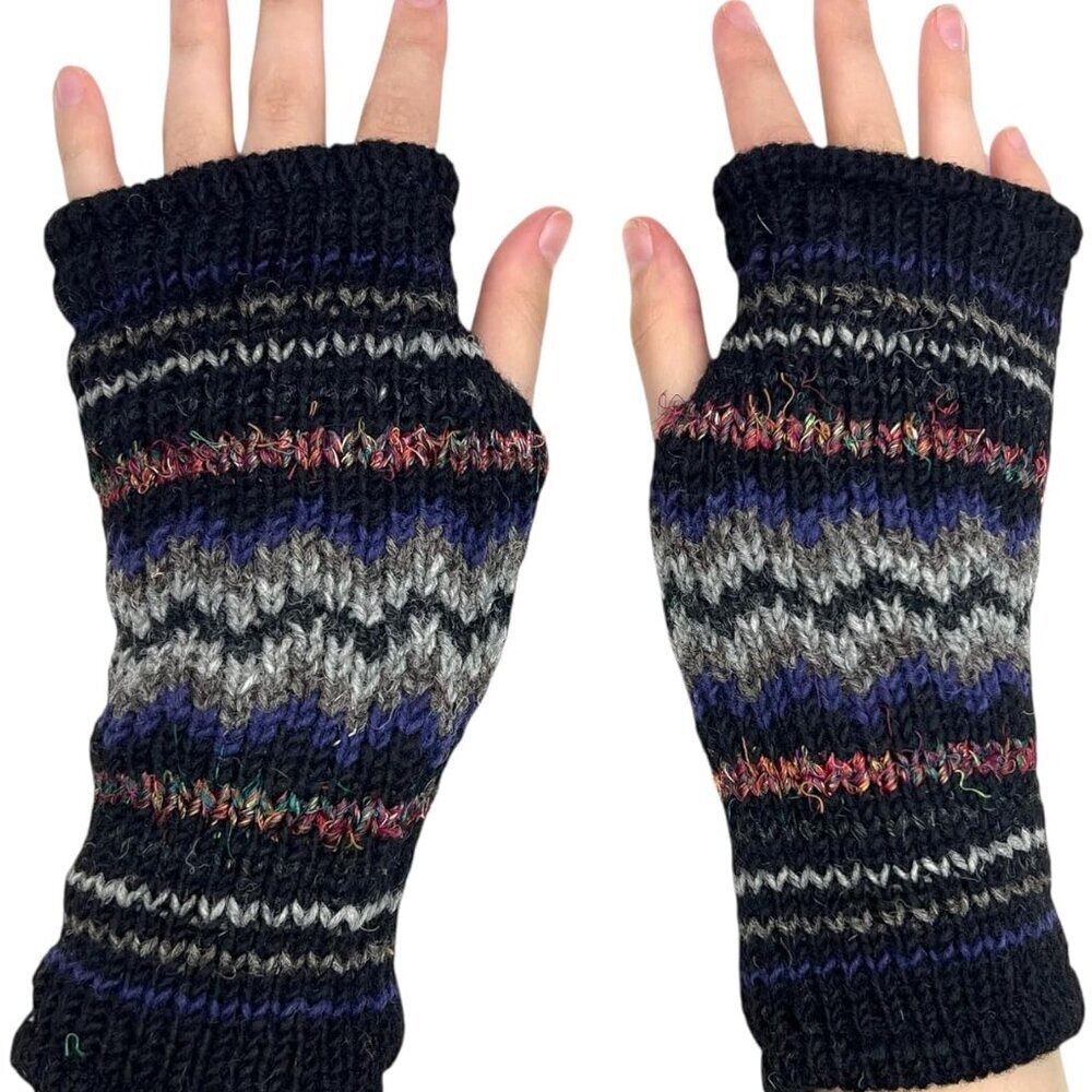 Hand Knit Fingerless Winter Striped Texting Gloves Warm Wool Fleece Lined